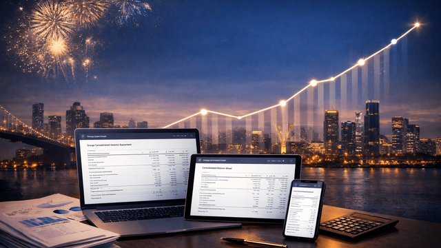 Modern financial workspace at night with laptop, tablet, and smartphone displaying consolidated financial reports, overlooking a city skyline with fireworks, symbolizing a new year and continuous group reporting.