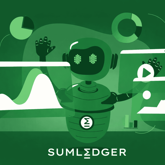 Minimalistisk illustration i Sumledger-farver, der viser et stablet, lagdelt rapporteringssystem repræsenteret af geometriske blokke, diagrammer og tandhjul, der symboliserer en skalerbar og automatiseret rapporteringsstak til voksende koncerner.