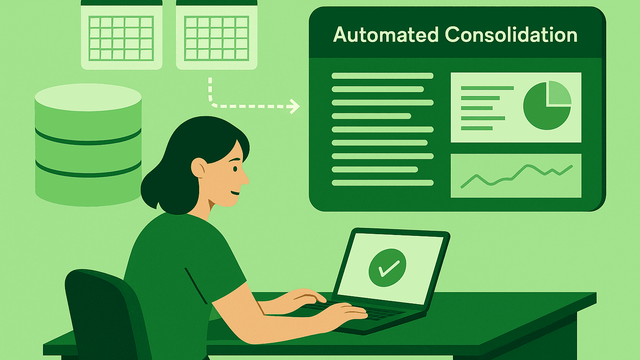 Illustration showing automated financial consolidation with Sumledger, featuring a user at a laptop, connected data sources and a dashboard in Sumledger’s green color palette.