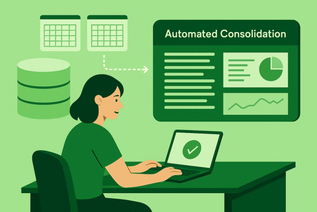 Illustration, der viser automatiseret finansiel konsolidering med Sumledger, med en bruger ved en bærbar computer, tilsluttede datakilder og et dashboard i Sumledgers grønne farvepalet.