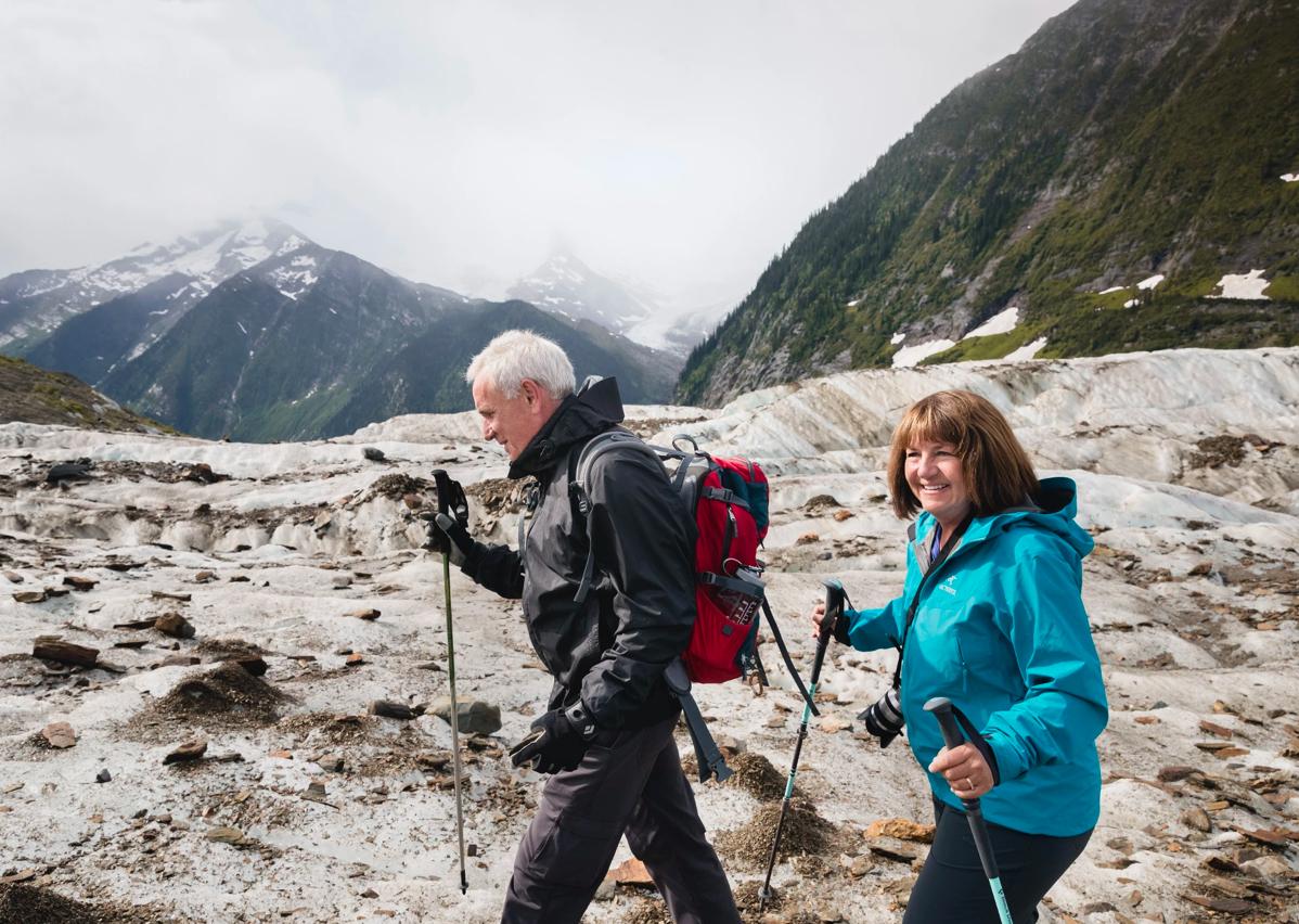 A man and woman hiking together