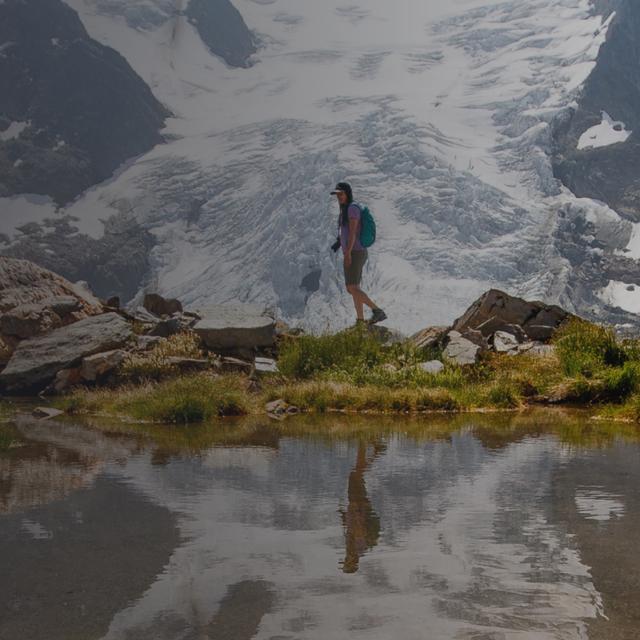 Hiker in front of a glacier