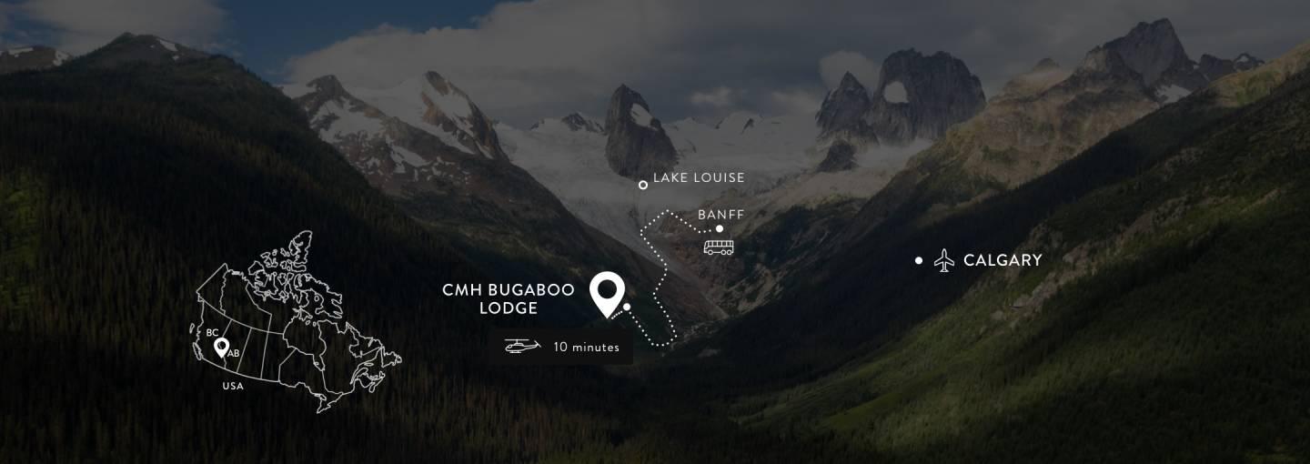 Map route from Calgary to CMH Bugaboos Lodge