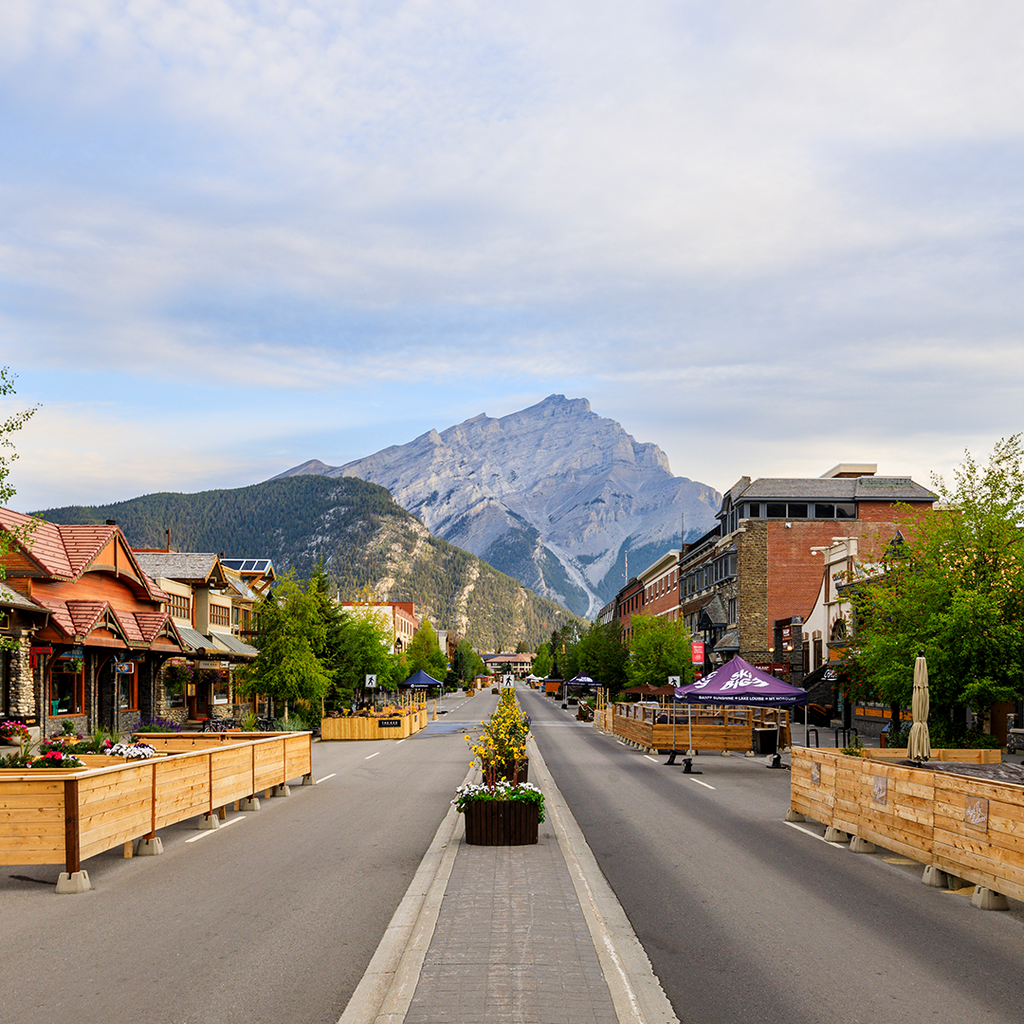 a street view of downtown Banff where basecamp suites is located