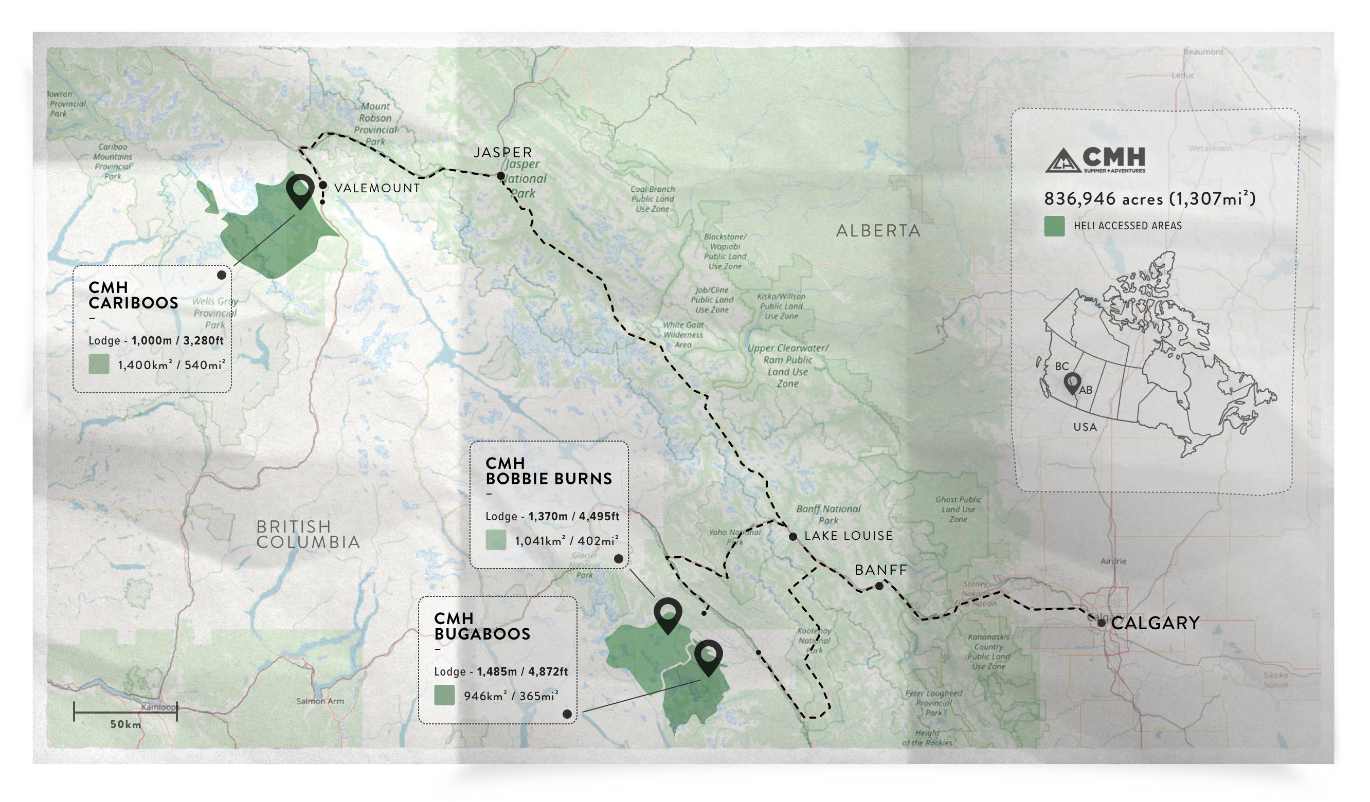 Map showing routes from Calgary to trip locations at Cariboos, Bugaboos, and Bobbie Burns