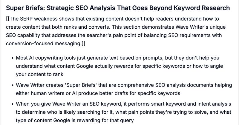 wave writer's ai produced outline for a content brief that's ai powered