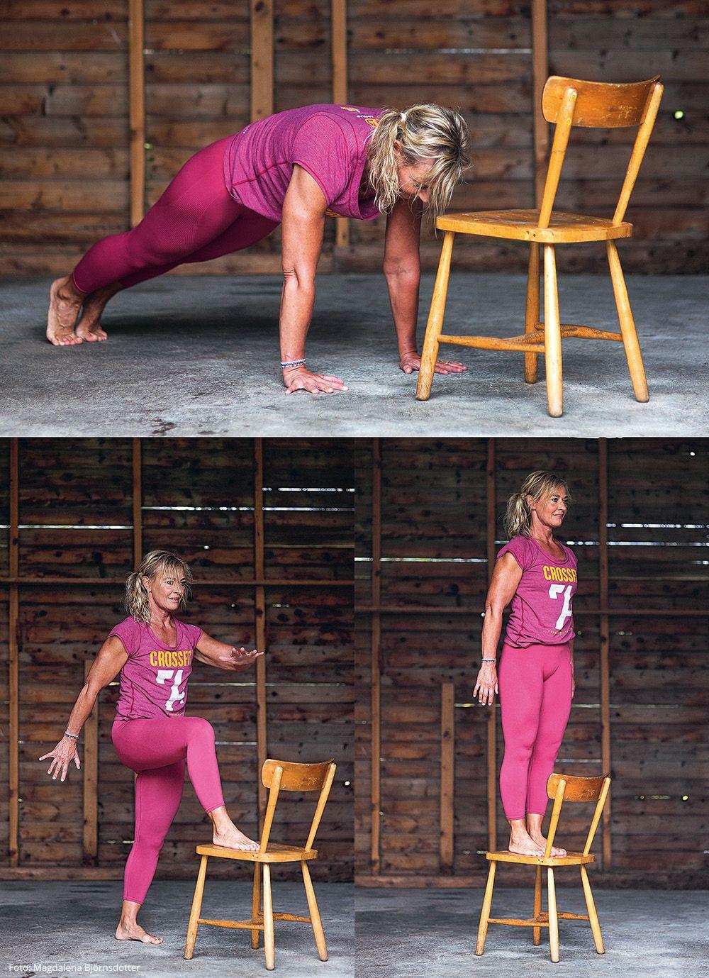 Tre bilder där Mia Rodhborn gör plankburpee och kliver upp på en köksstol