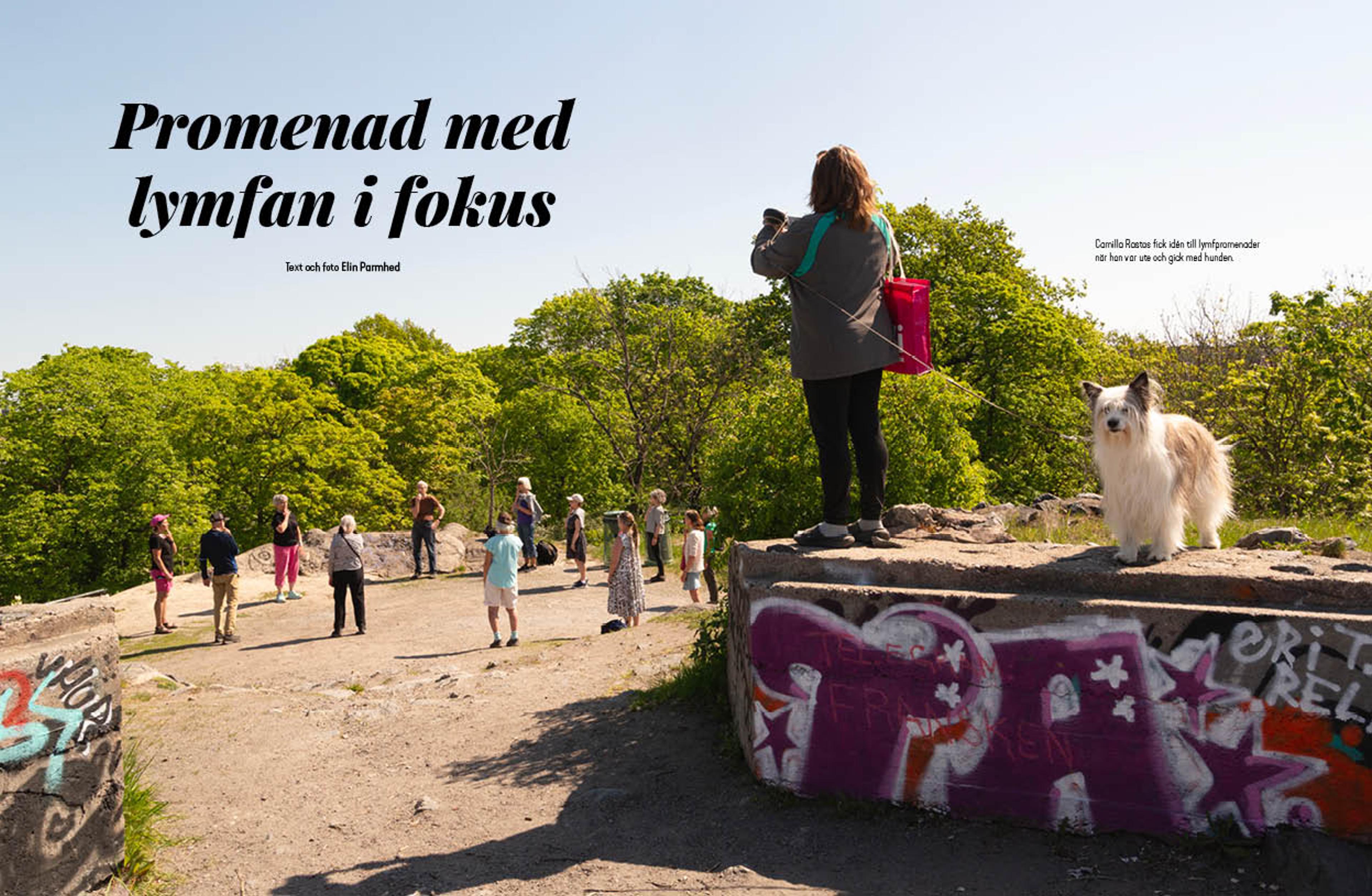 Uppslag ur Hela Hälsan med rubriken Promenad med lymfan i fokus och en grupp på promenad
