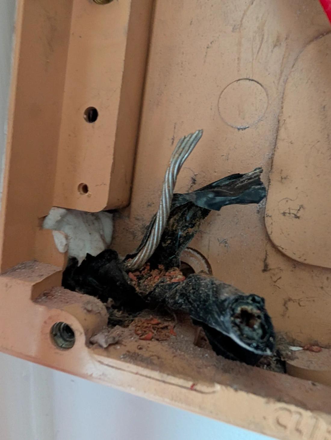 Burnt and degraded wiring found behind a switchboard