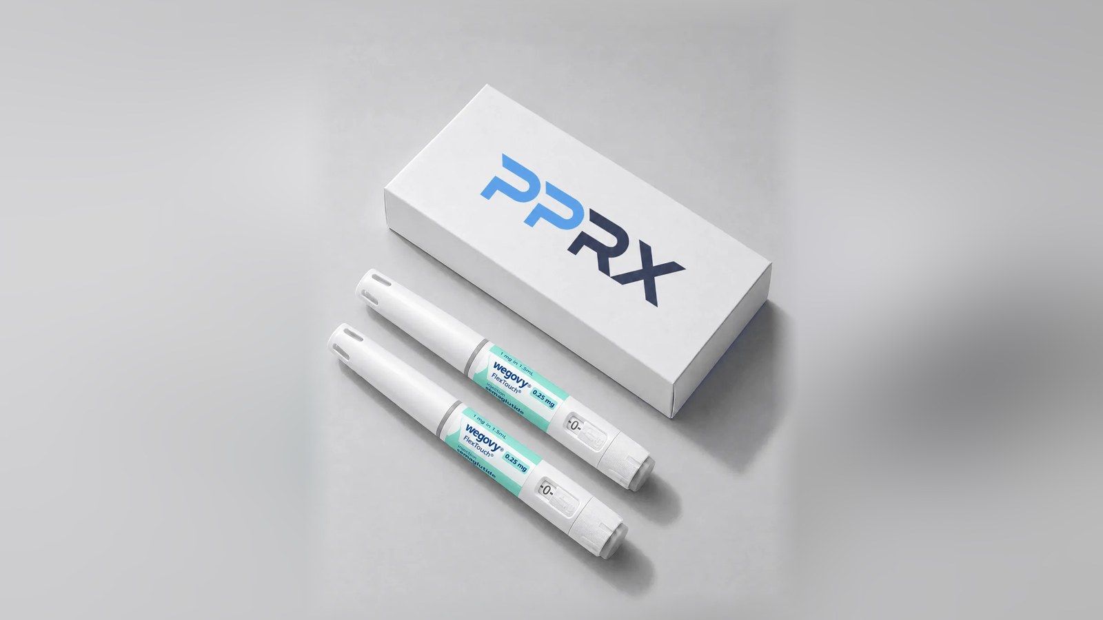 PPRX box with two Wegovy 0.25mg pens on a grey studio background