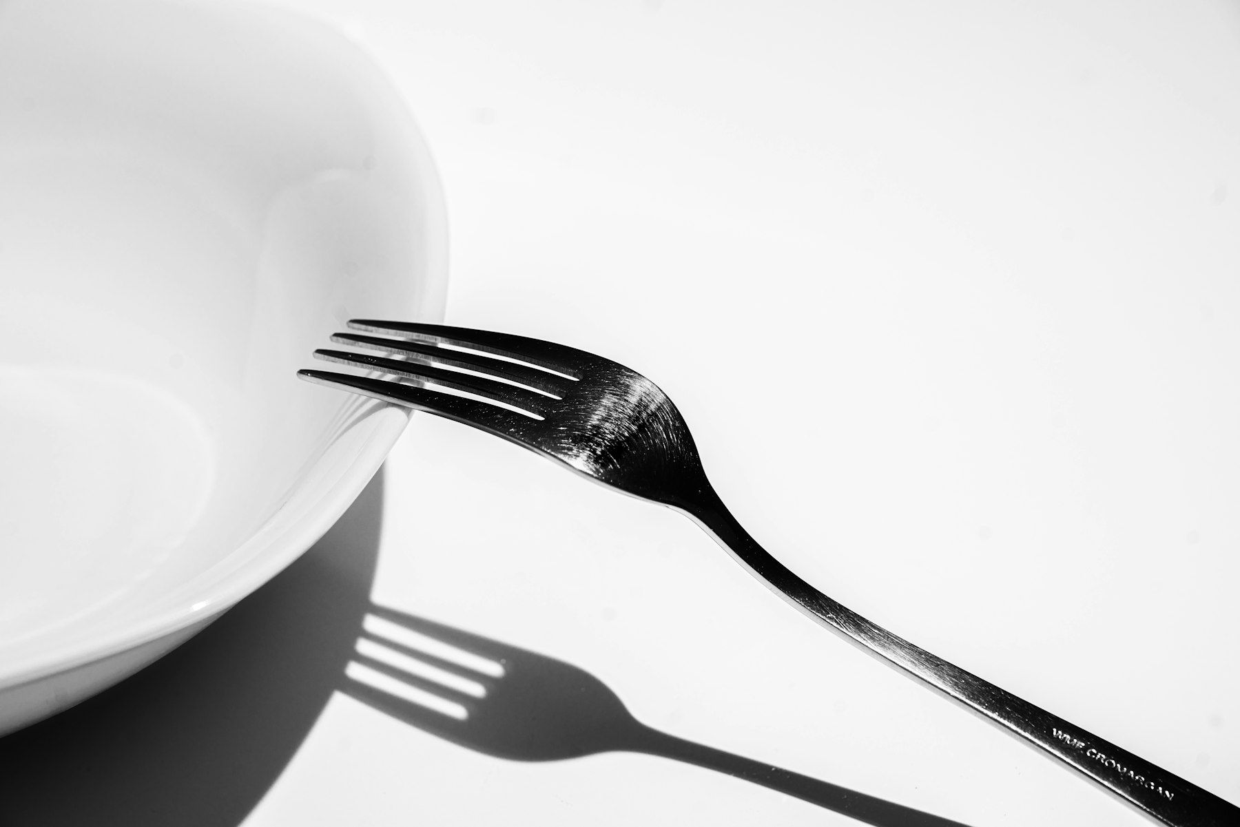 Silver fork on white ceramic plate