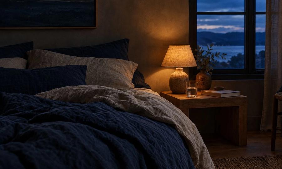 A calm bedroom at dusk lit by a bedside lamp