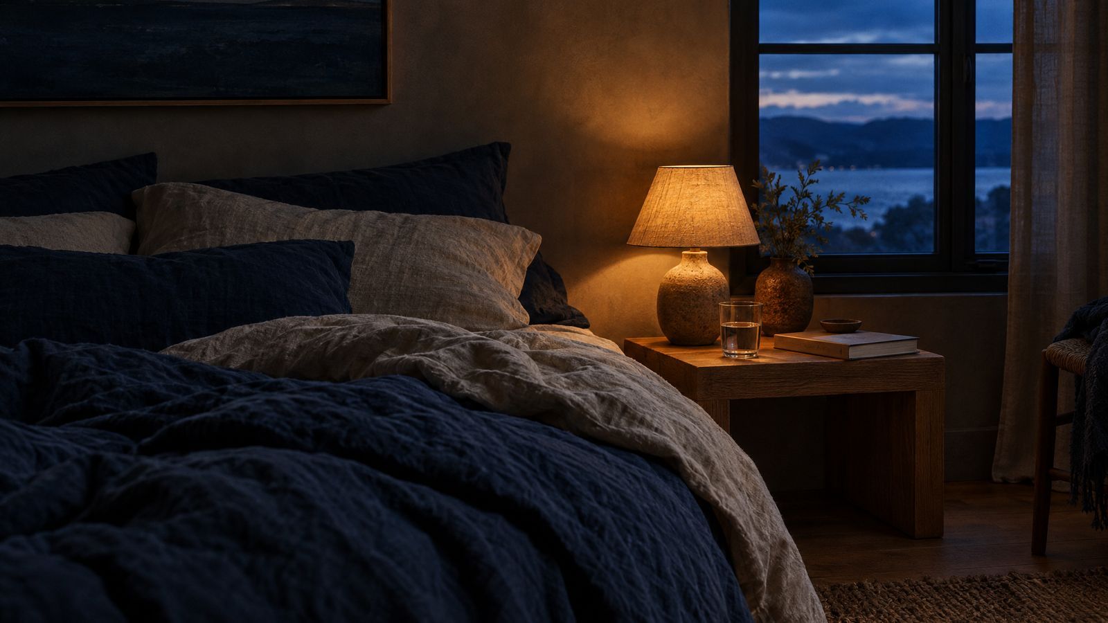 A calm bedroom at dusk lit by a bedside lamp
