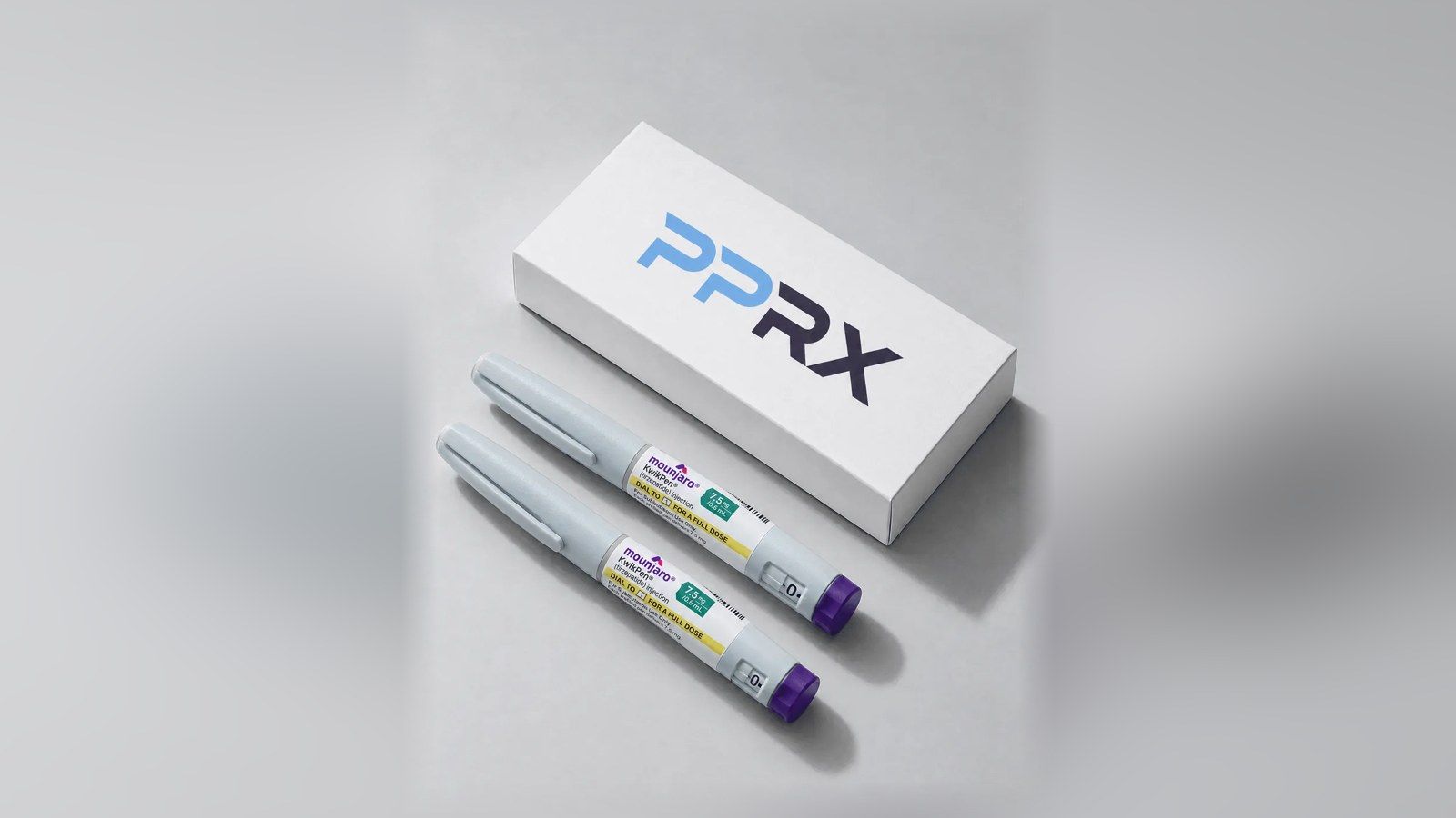 PPRX box with two Mounjaro 7.5mg pens on a grey studio background