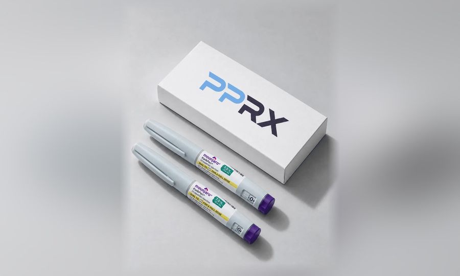 PPRX box with two Mounjaro 7.5mg pens on a grey studio background