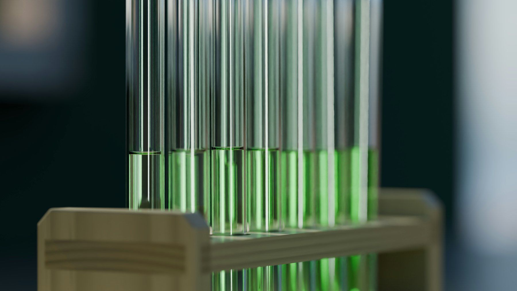 A 3D render of glass test tubes filled with green liquid in a wooden rack