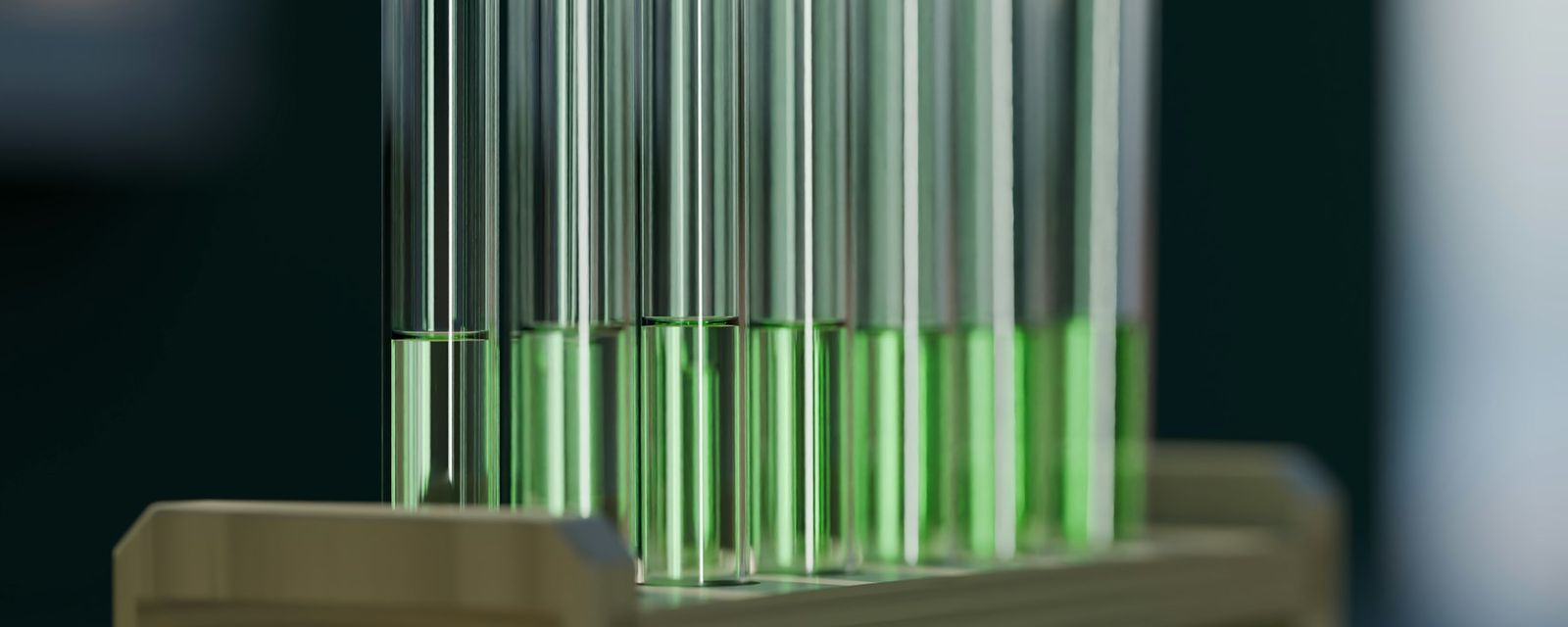 A 3D render of glass test tubes filled with green liquid in a wooden rack