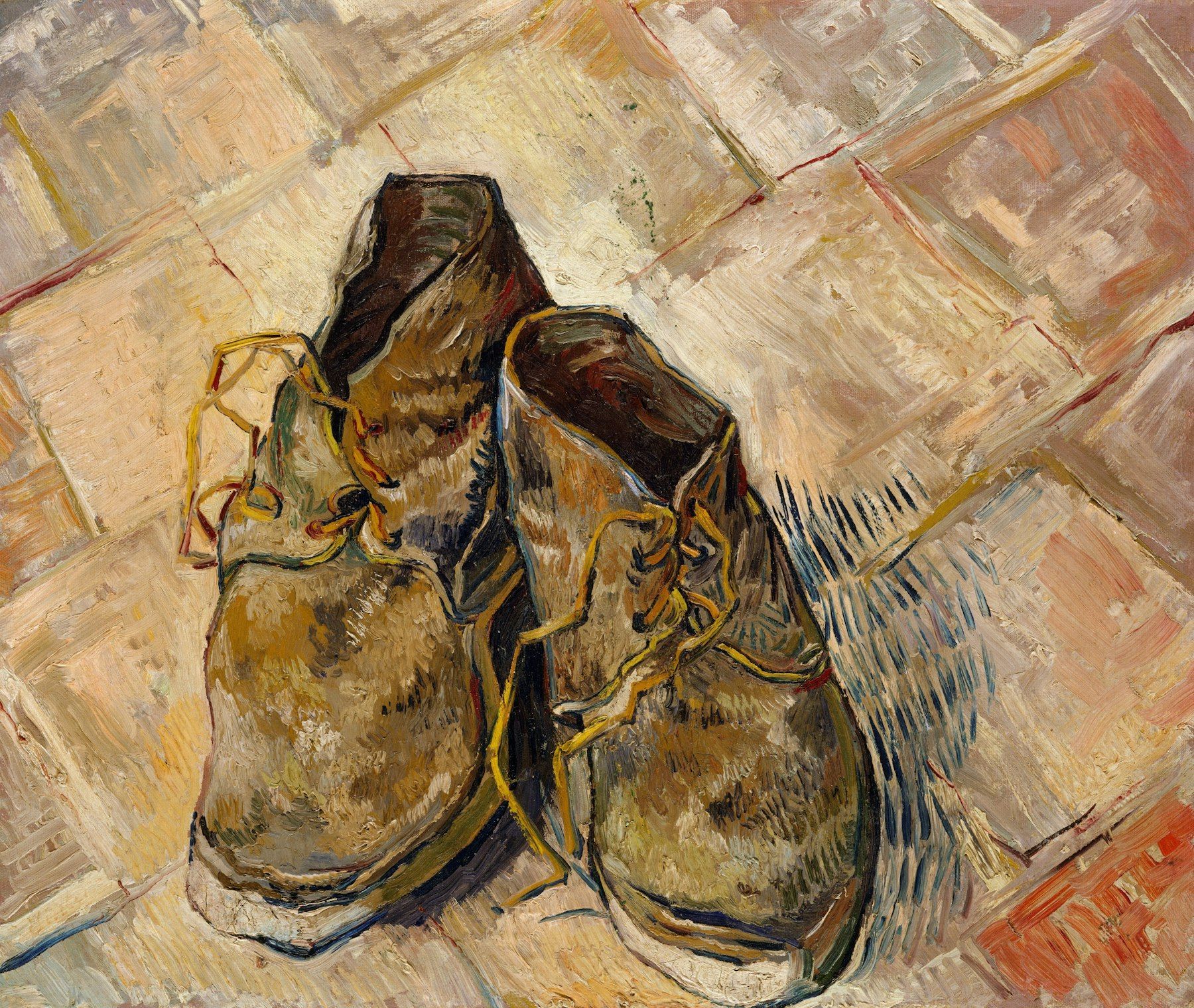A painting of old, worn-out shoes on a textured background