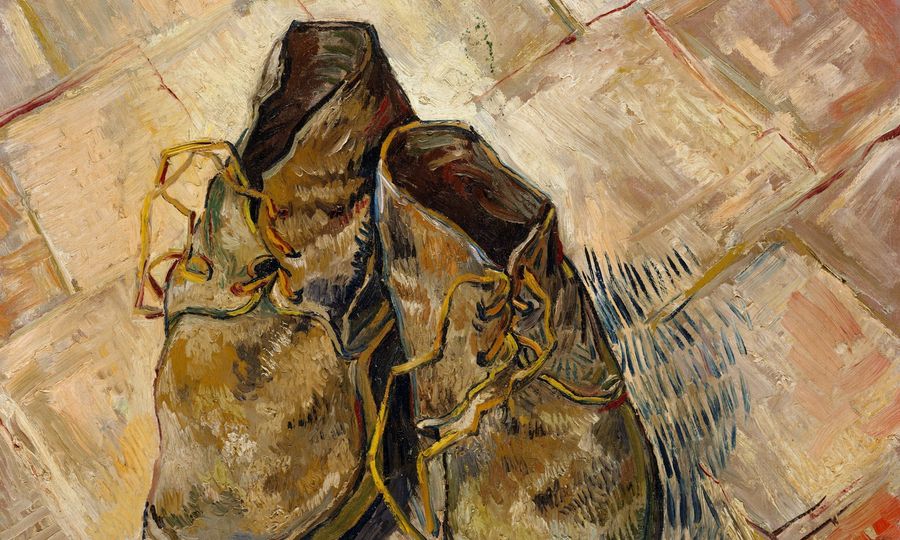 A painting of old, worn-out shoes on a textured background