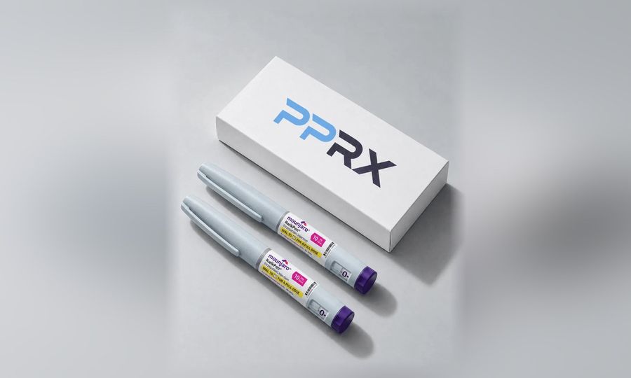 PPRX box with two Mounjaro 10mg pens on a grey studio background