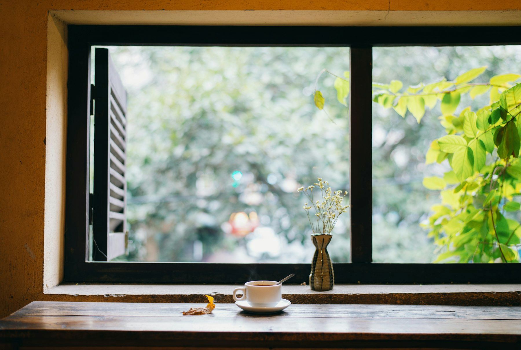 Clear glass vase on brown wooden table