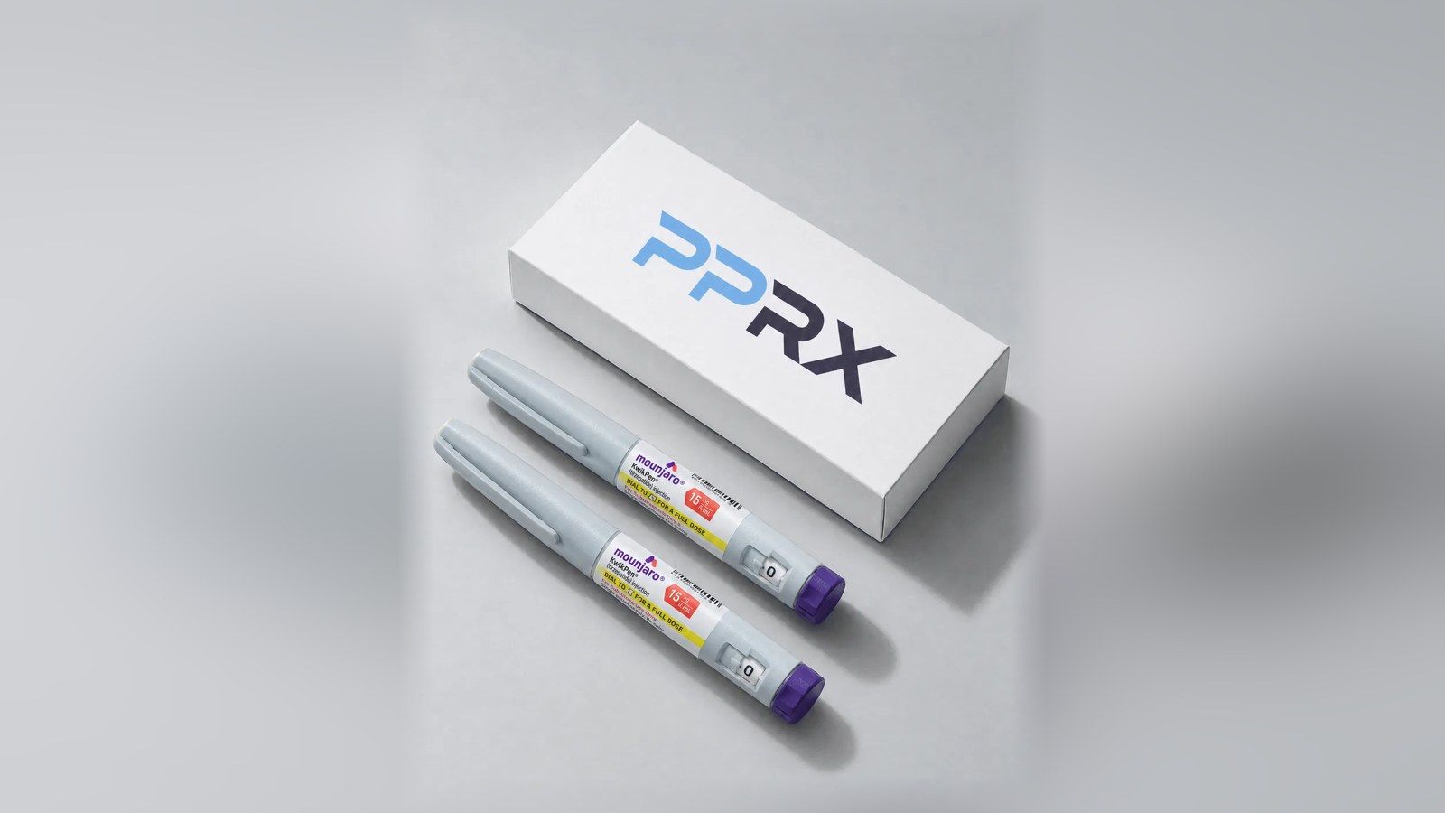 PPRX box with two Mounjaro 15mg pens on a grey studio background