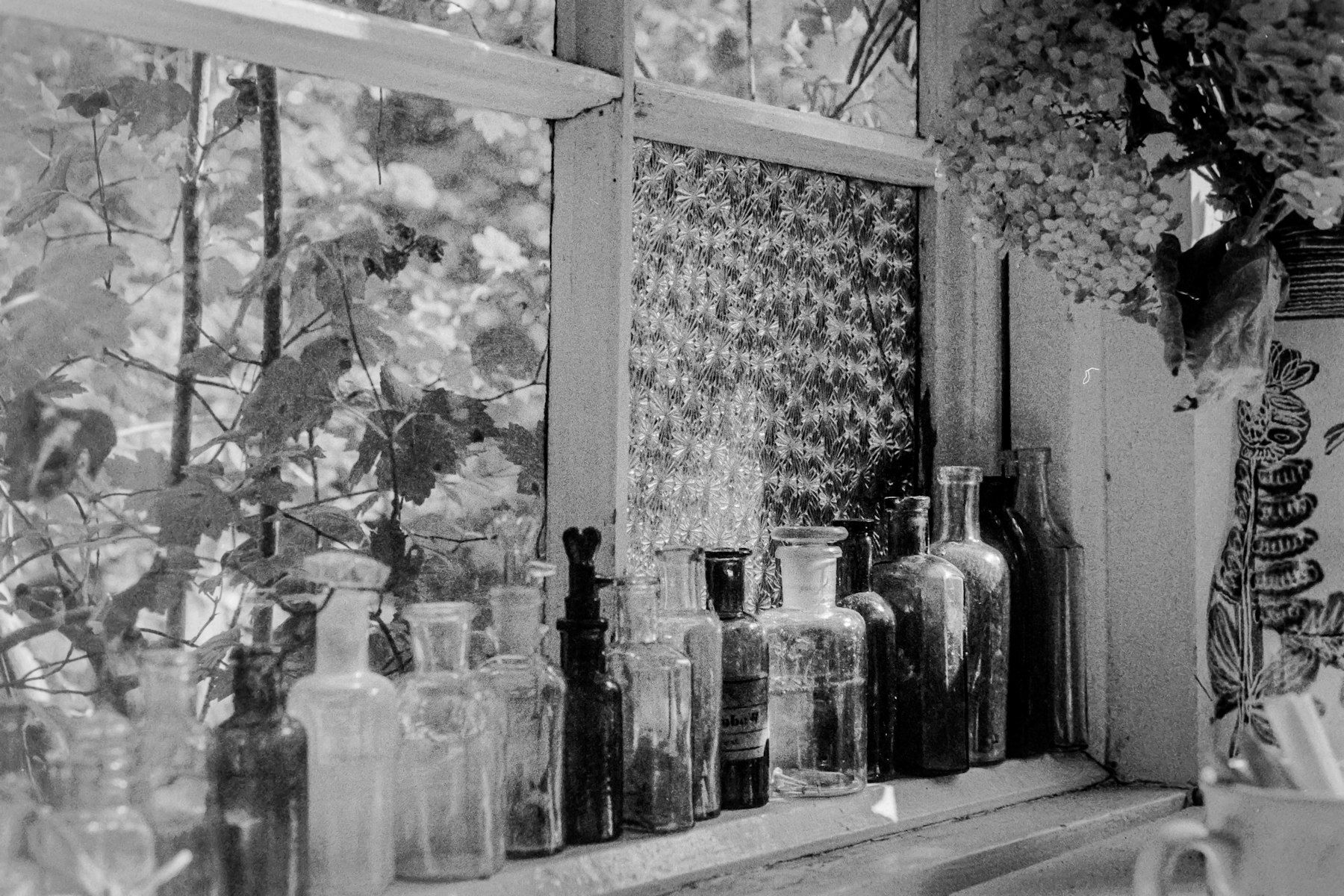 A collection of vintage glass bottles lined up on a window sill with textured glass