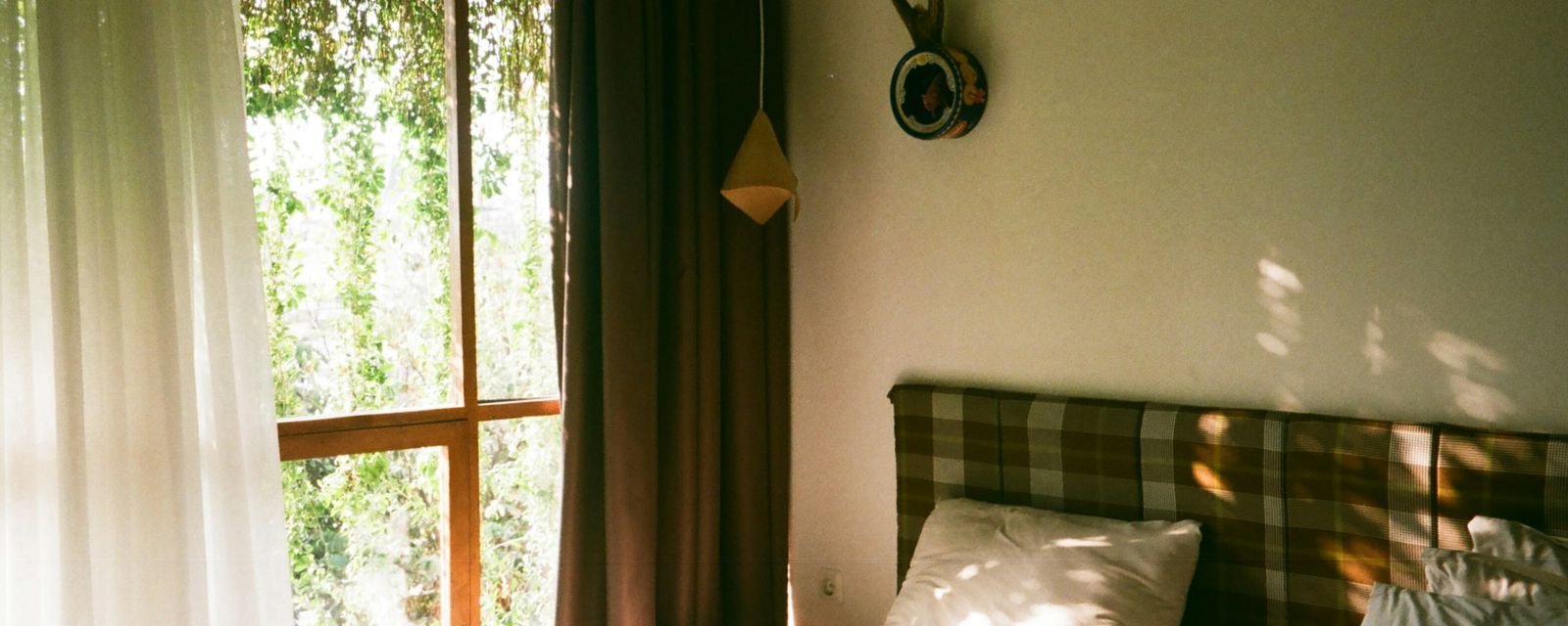A bed with a white comforter and a deer head mounted on the wall