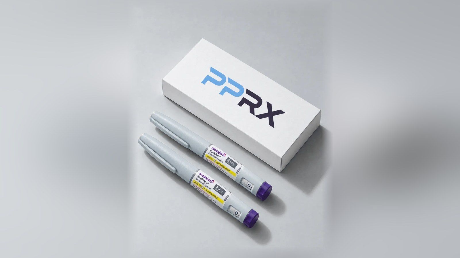 PPRX box with two Mounjaro 2.5mg pens on a grey studio background