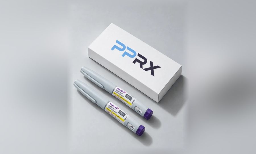 PPRX box with two Mounjaro 2.5mg pens on a grey studio background