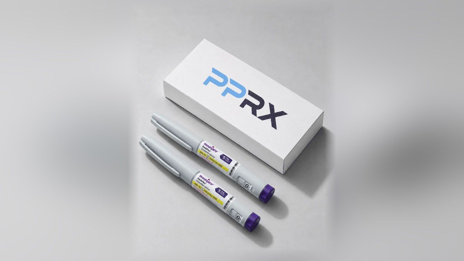 PPRX box with two Mounjaro 5mg pens on a grey studio background