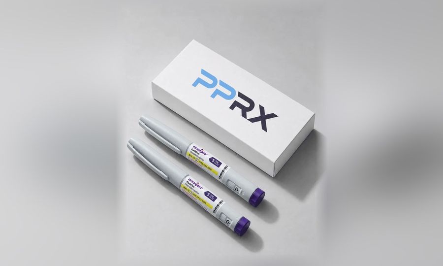 PPRX box with two Mounjaro 5mg pens on a grey studio background