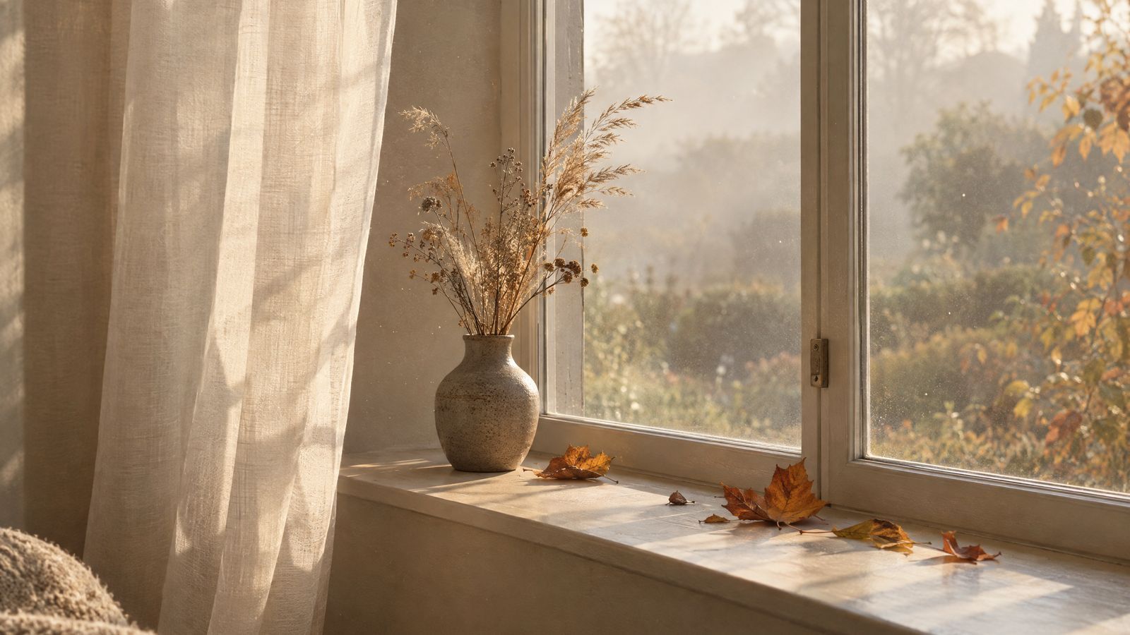Autumn leaves on a sunlit windowsill