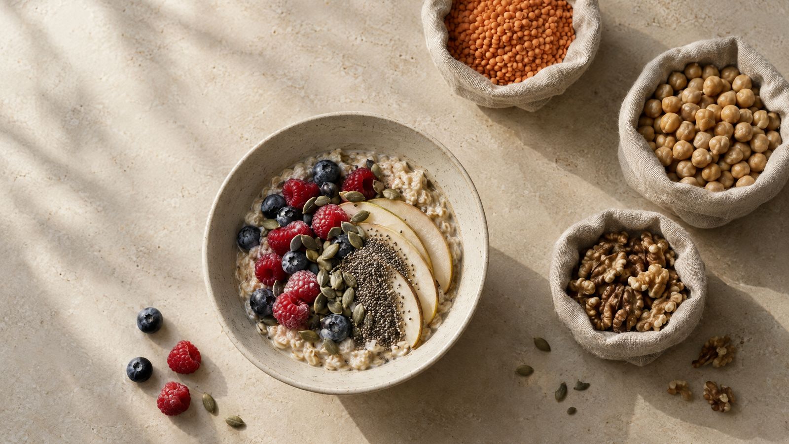 A bowl of oats with berries and seeds beside lentils, chickpeas and walnuts