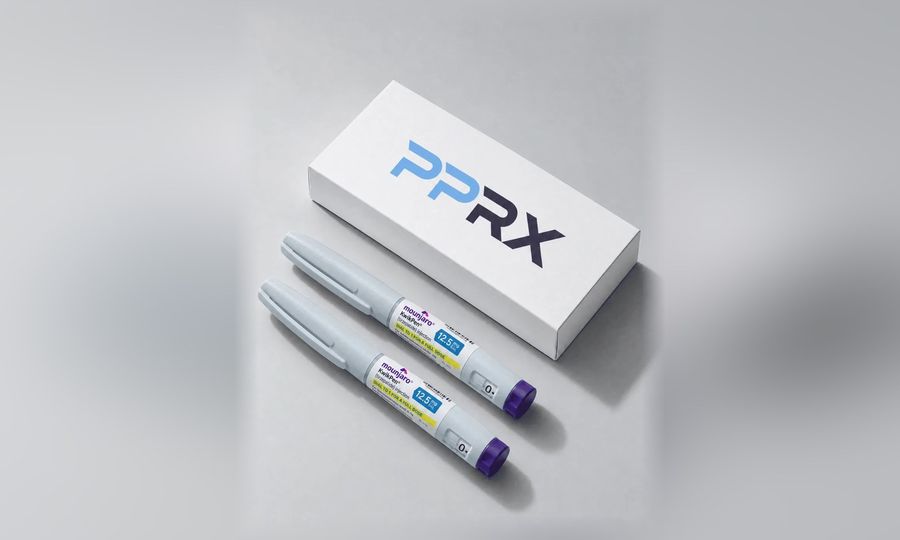 PPRX box with two Mounjaro 12.5mg pens on a grey studio background