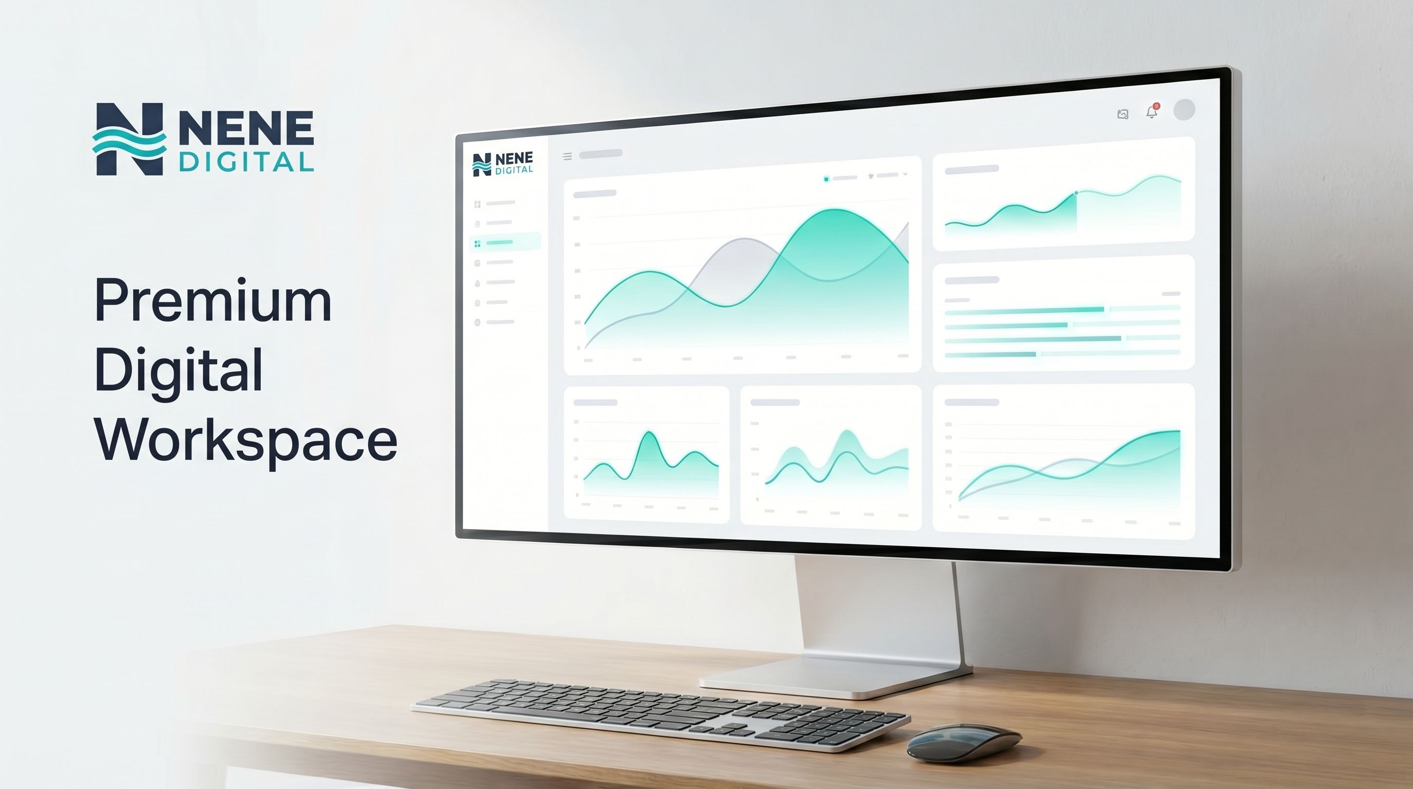 A clean, minimalist UI dashboard interface on a sleek computer monitor, displaying abstract data visualizations and smooth curves. The lighting is soft and professional, emphasizing a premium digital workspace environment. The color palette consists of whites, soft greys, and vibrant teal accents, reflecting the Nene Digital brand identity in a high-key light mode style.