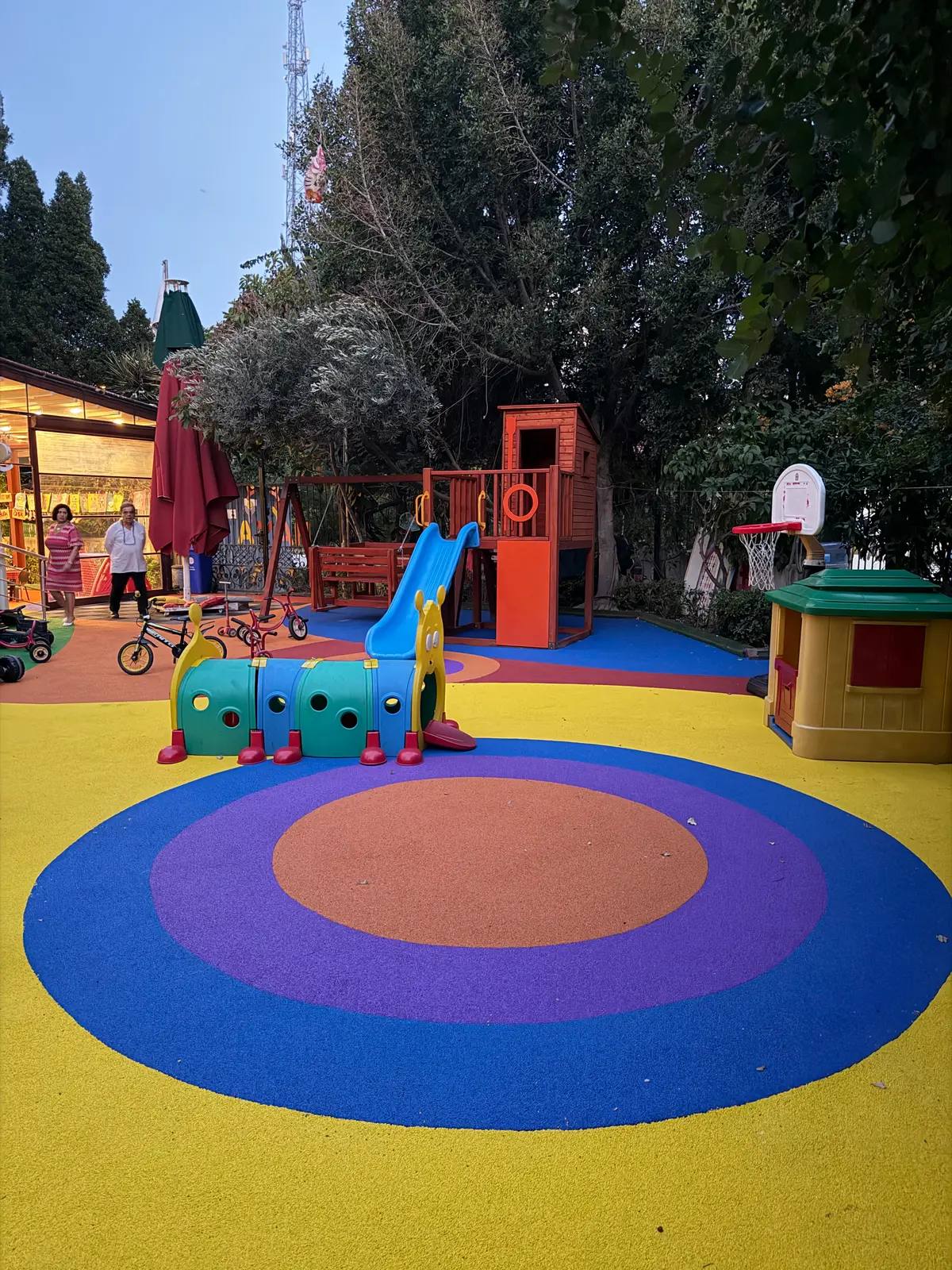 Basketbol potası ve iç içe renkli daire desenli kauçuk zeminli oyun alanı