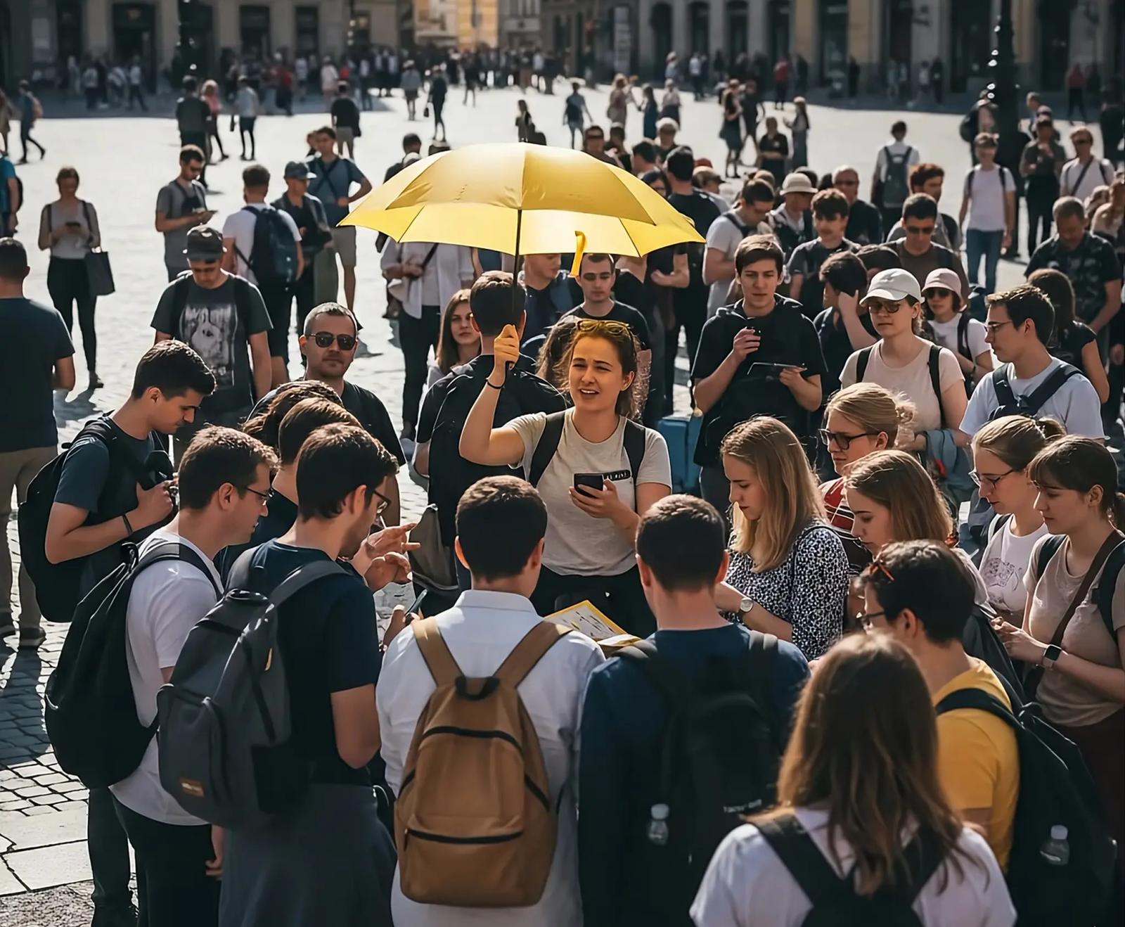 A walking tour guide with an umbrella welcomes a group of guests