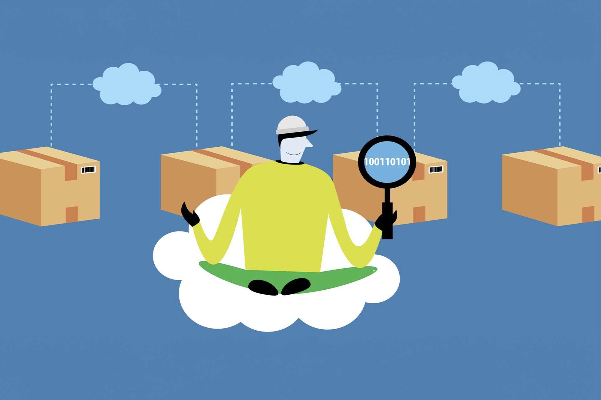 Illustration of a man sitting on a cloud and looking at boxes with a magnifying glass