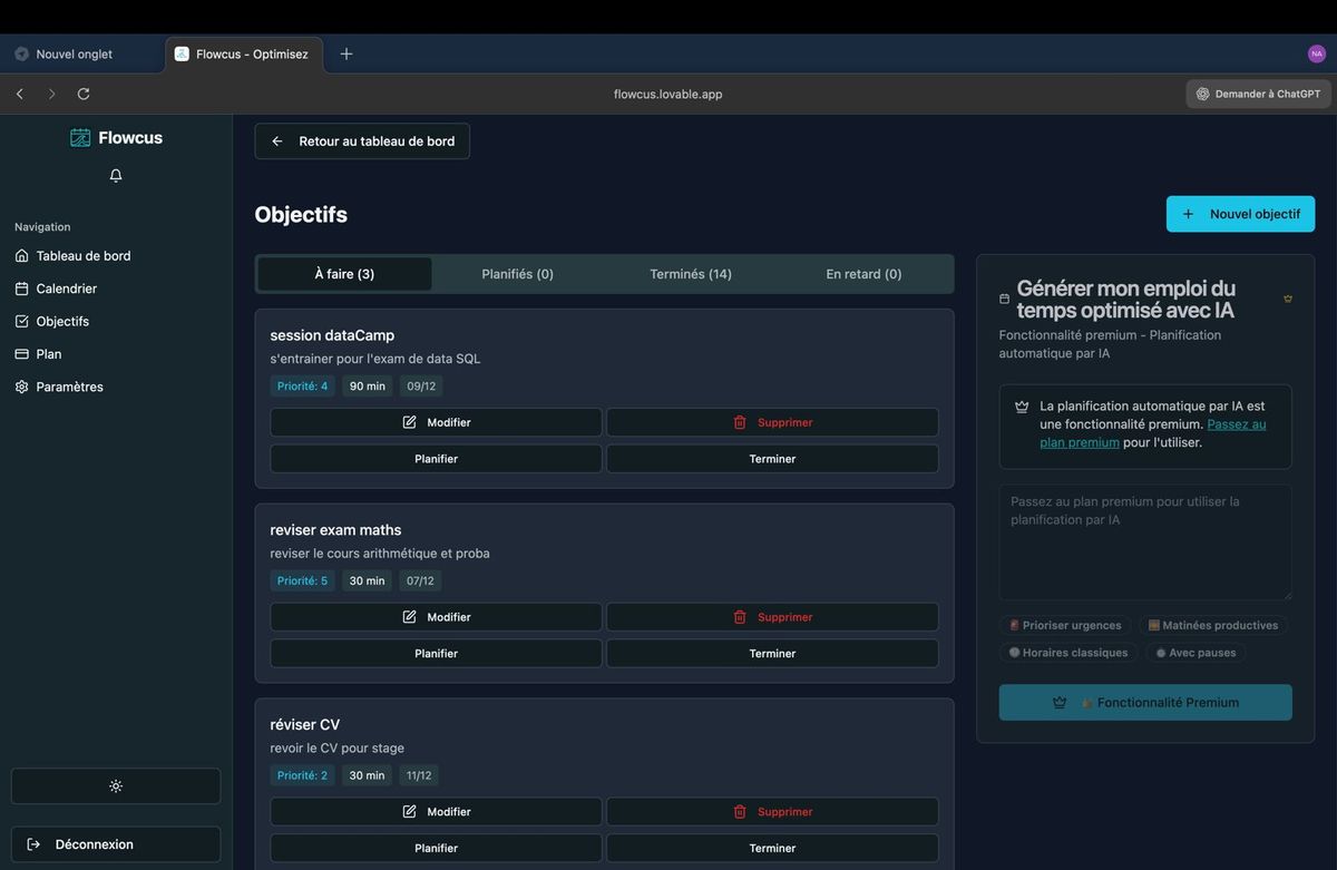 Screenshot of the Flowcus app objectives page displaying a list of study tasks, planning options, and a panel for AI-based schedule optimization.