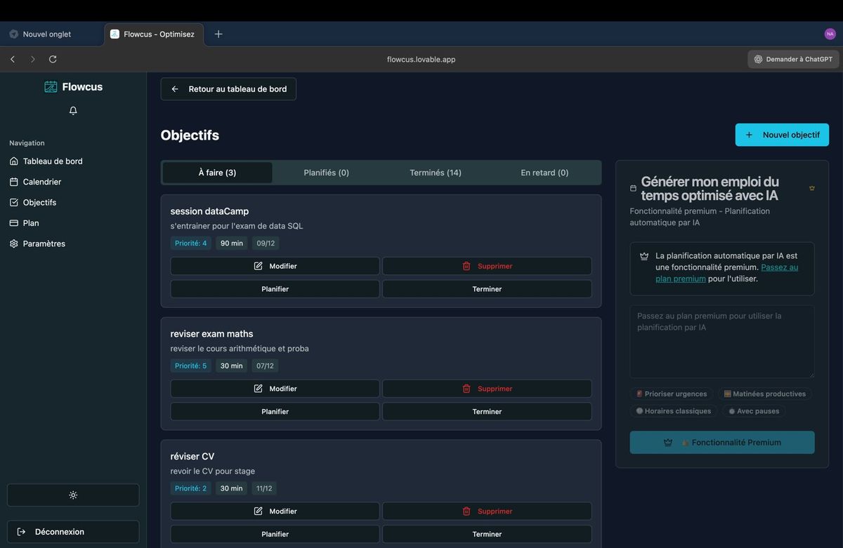 Screenshot of the Flowcus app objectives page displaying a list of study tasks, planning options, and a panel for AI-based schedule optimization.