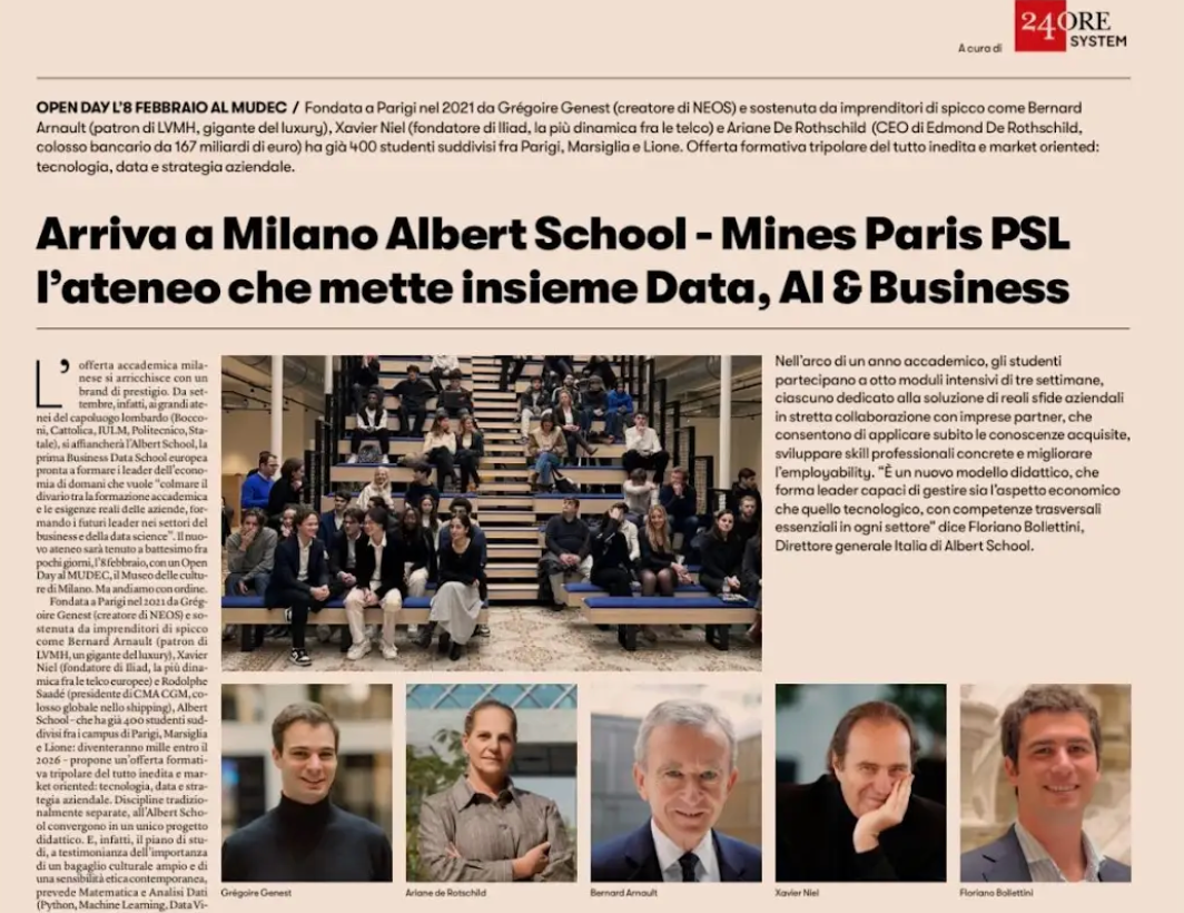 "Albert School - Mines Paris PSL arrives in Milan" - Sole 24 Ore