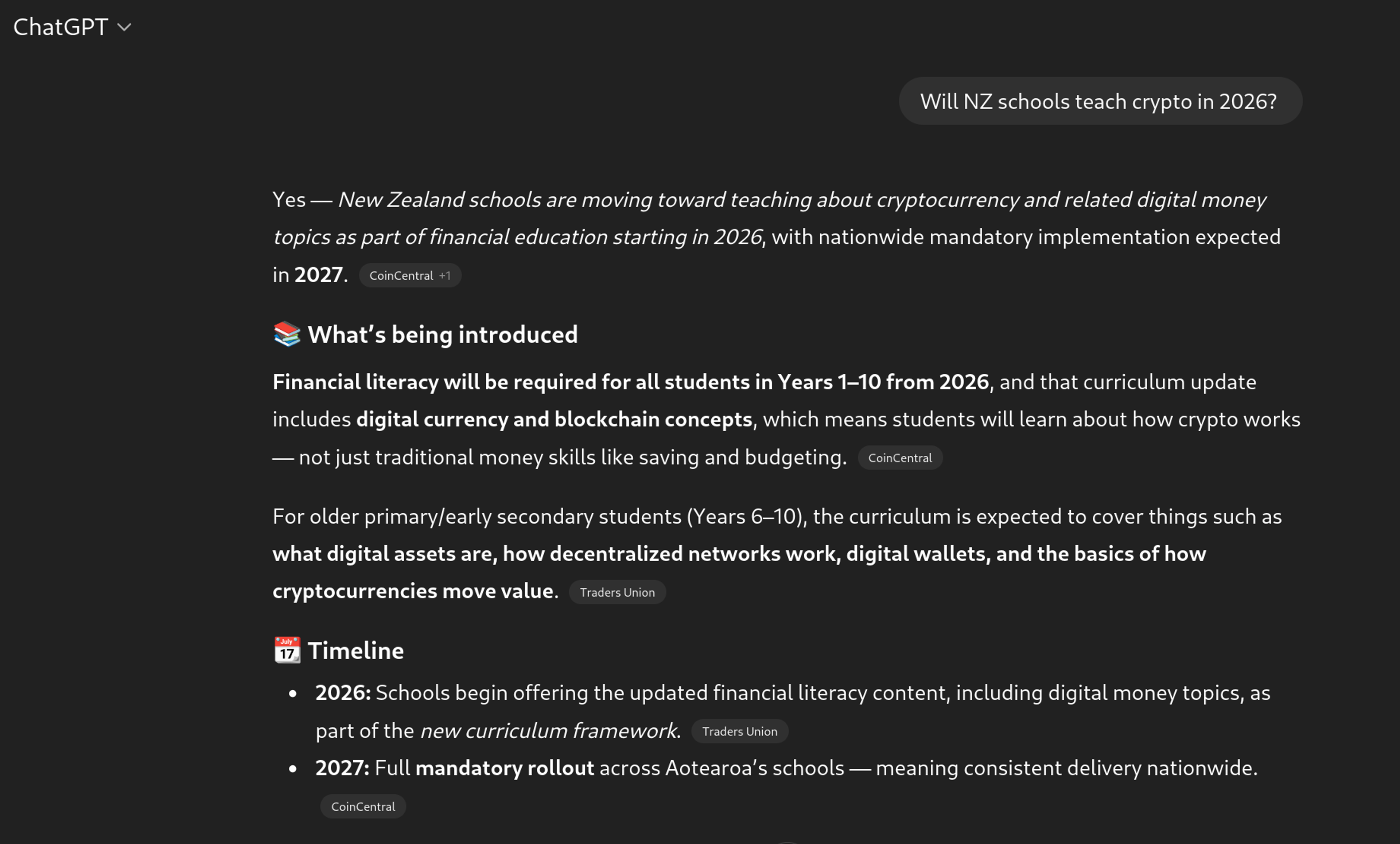 ChatGPT pushing false information that NZ Schools teach crypto