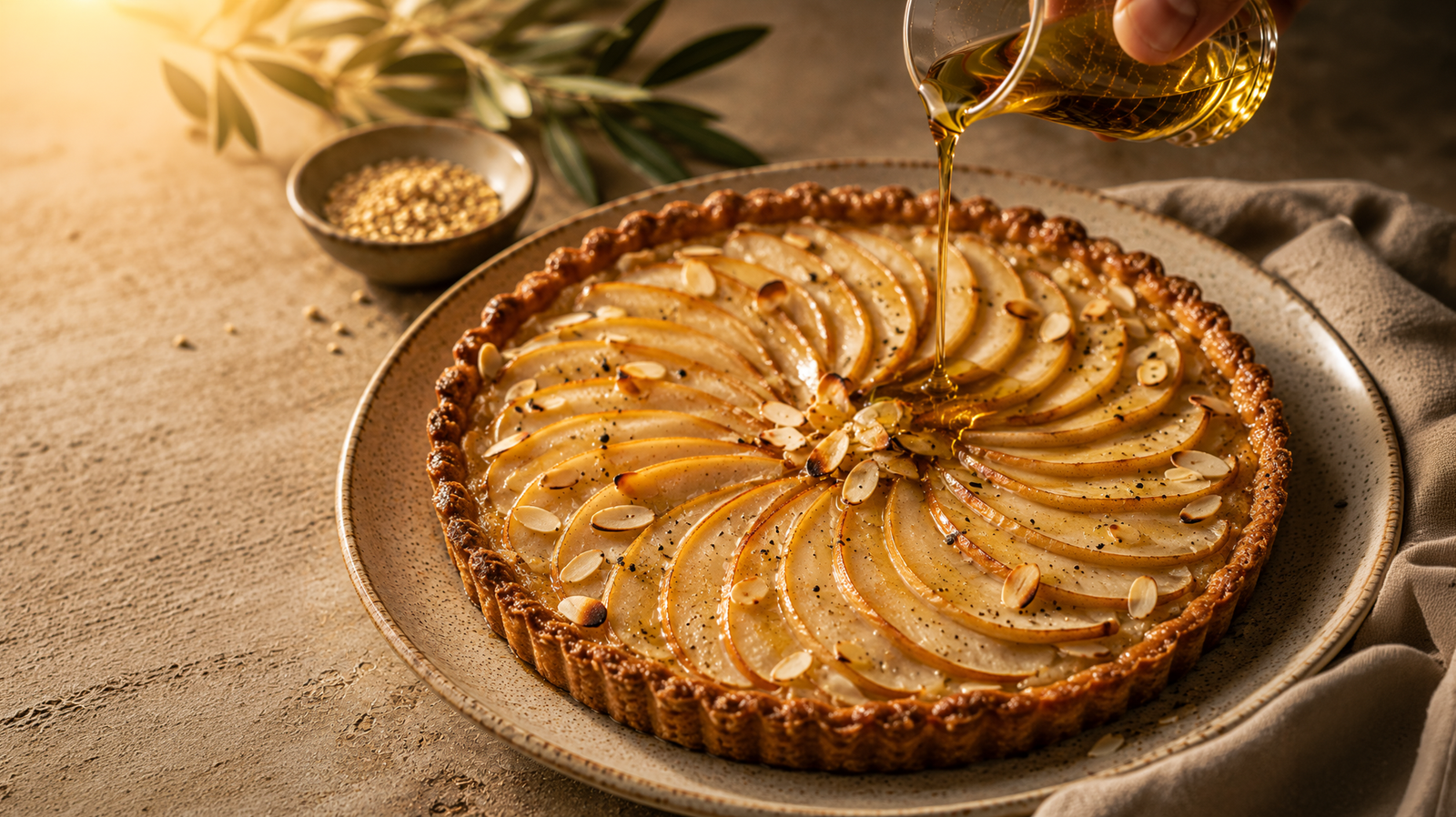 A pear tart finished with sesame oil
