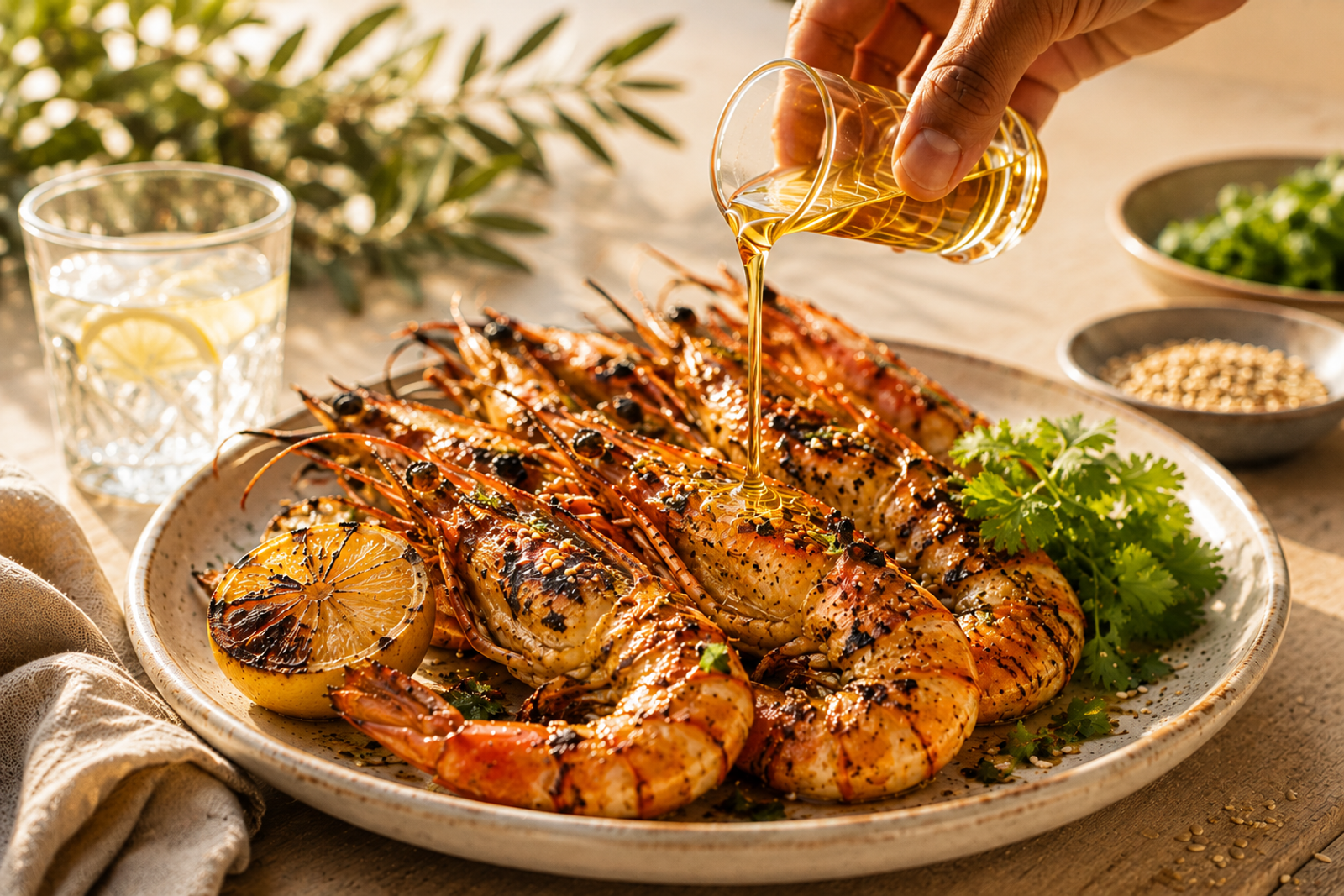Grilled prawns drizzled with sesame oil