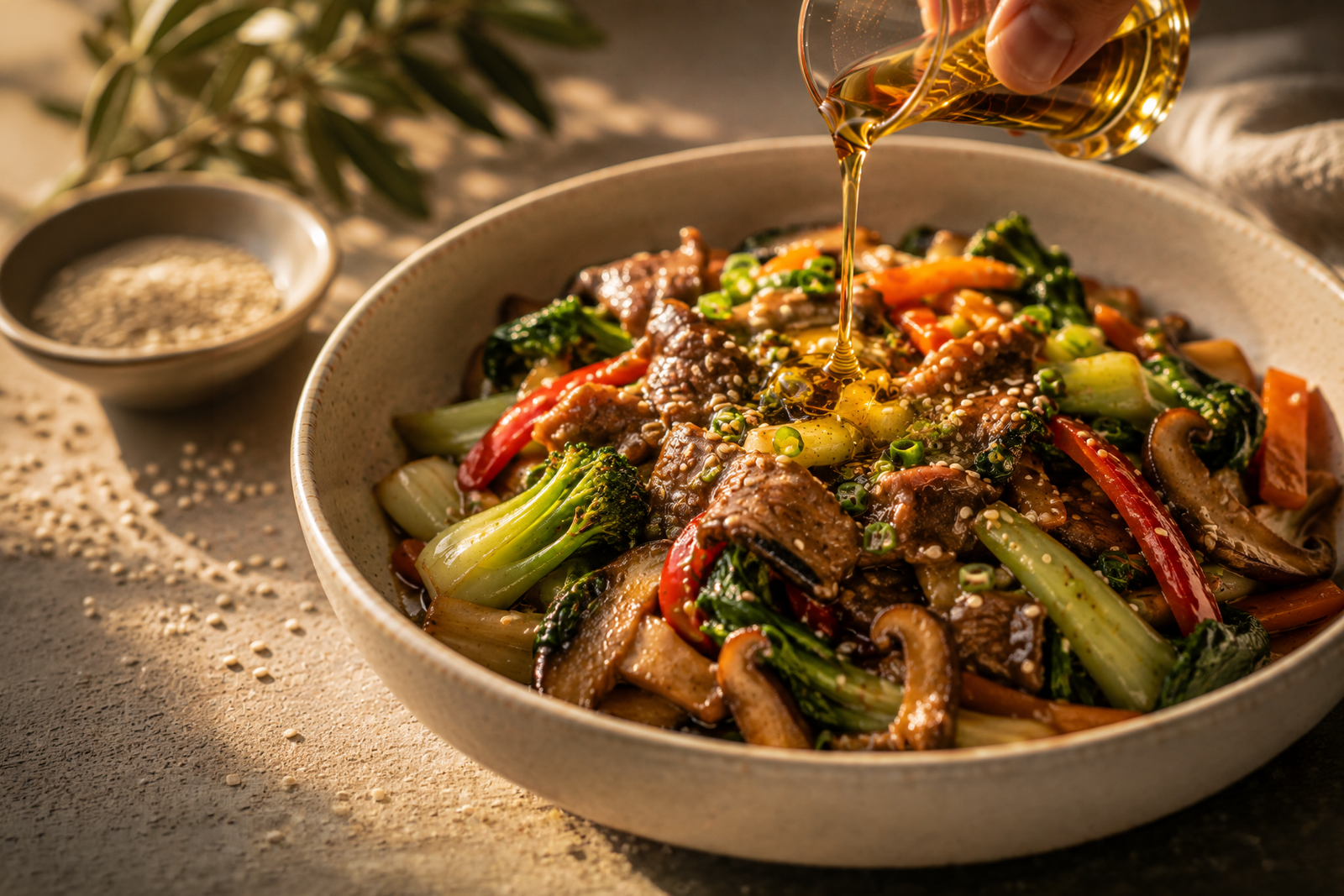 A bowl of stir-fried vegetables with sesame oil