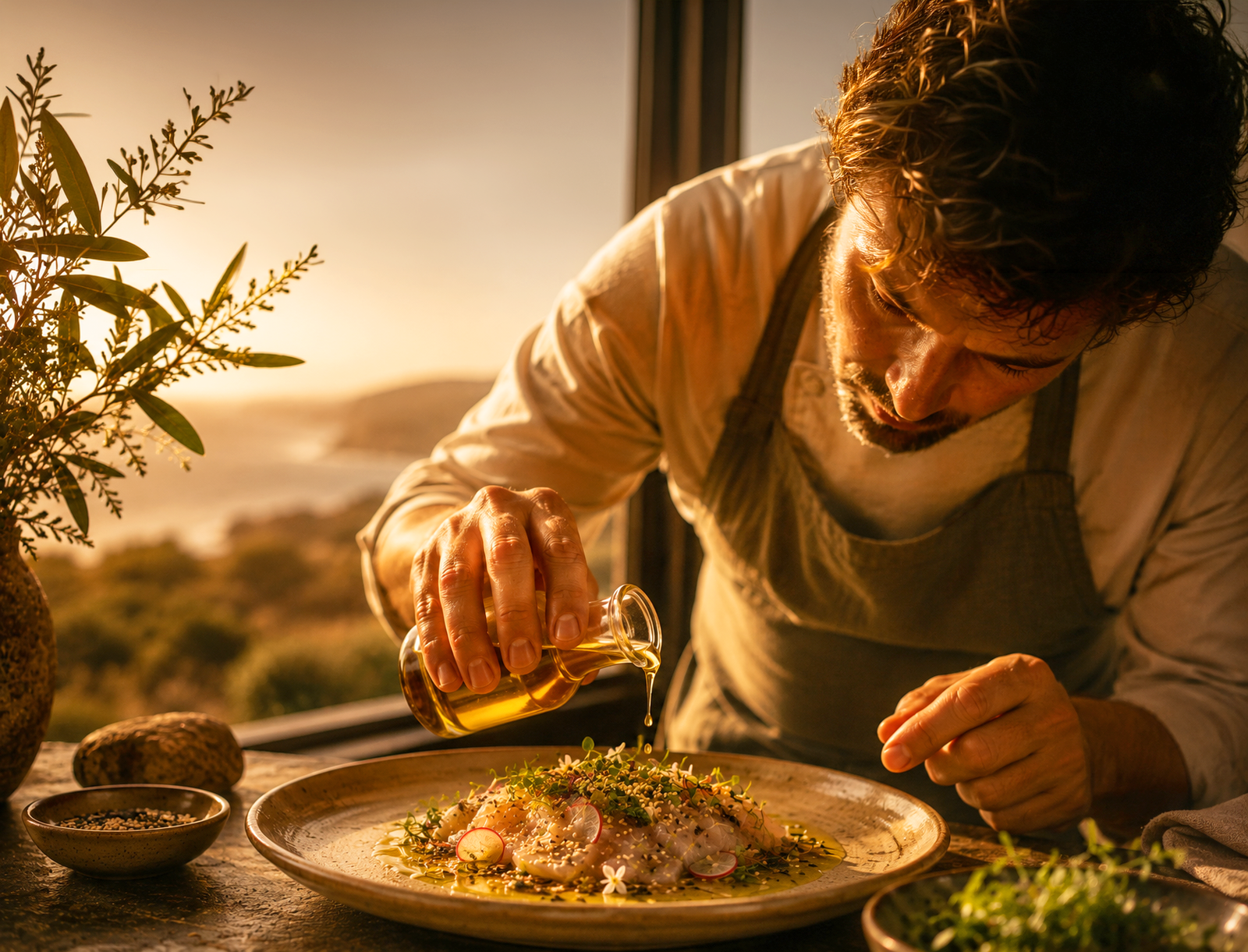 A man in an apron leans over a plate, pouring oil from a small glass jug onto a garnished dish, with an olive branch and coastal hills visible through a window behind him.