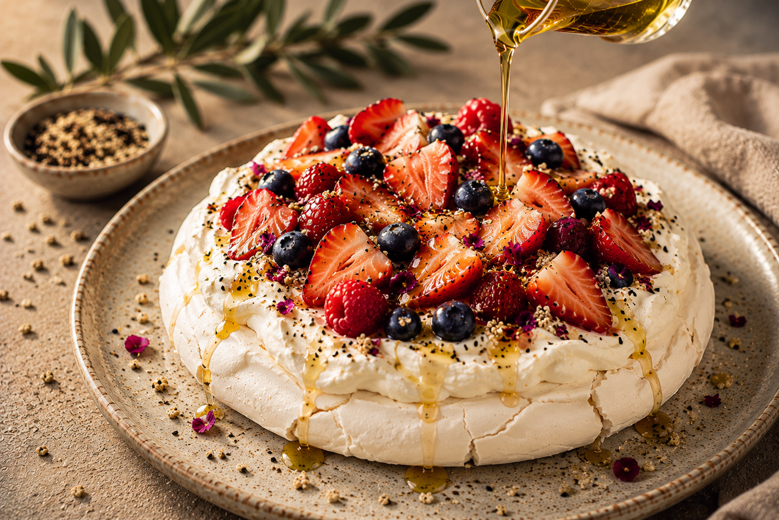 A berry pavlova drizzled with sesame oil