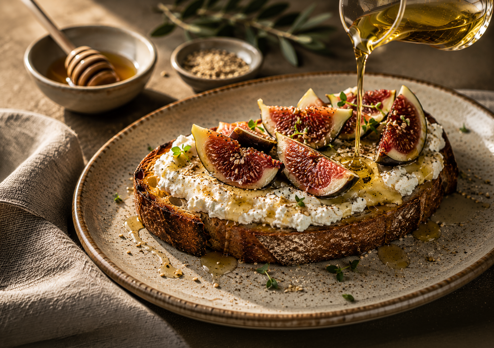 Ricotta and fig toast finished with sesame oil