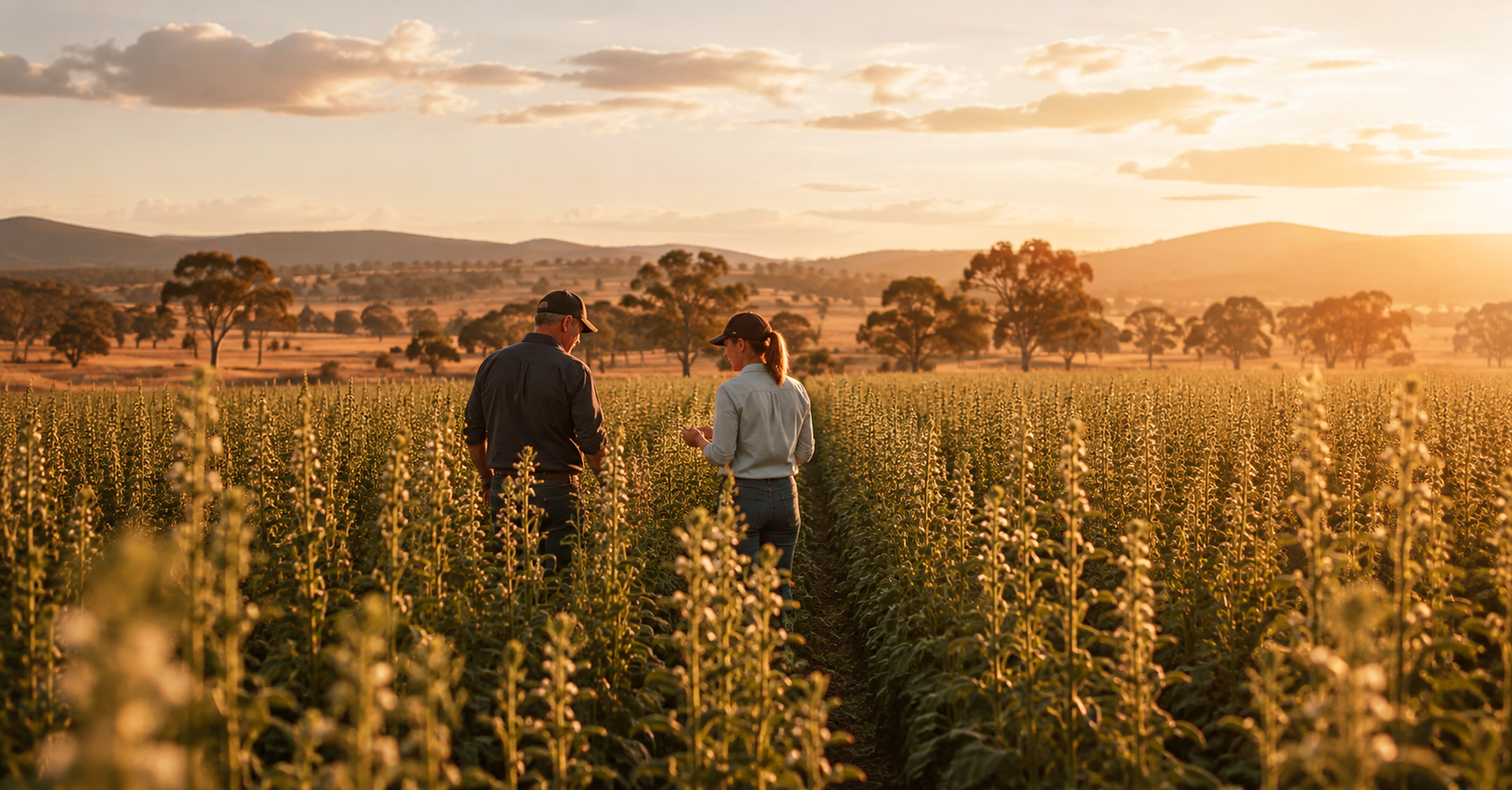 Two people, seen from behind, walking together through rows of sesame plants in a field at sunset.
